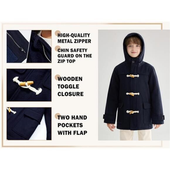 Boys Winter Wool Coat Dress Peacoat Kids Heavy Sherpa Jacket Hooded - Picture 6 of 7